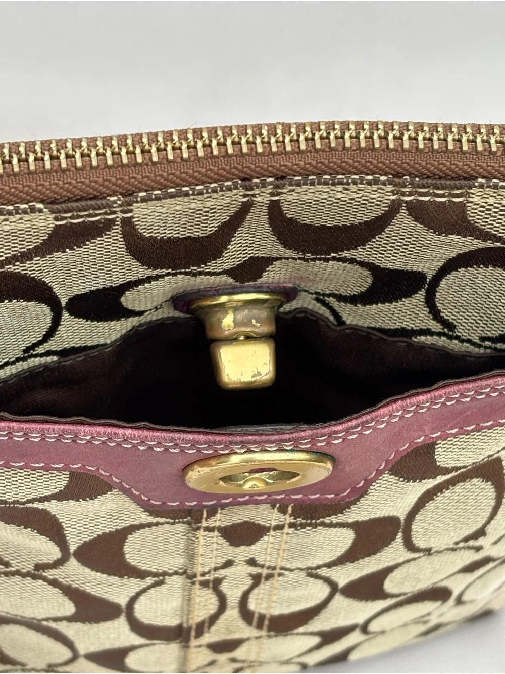 Coach Small Crossbody with Brown Signature Canvas and Pink Trim
